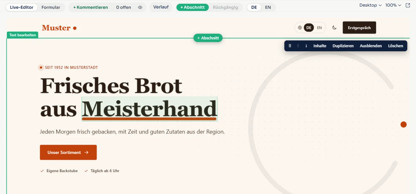 Live-Editor des Pionea Studios mit einer Beispiel-Website