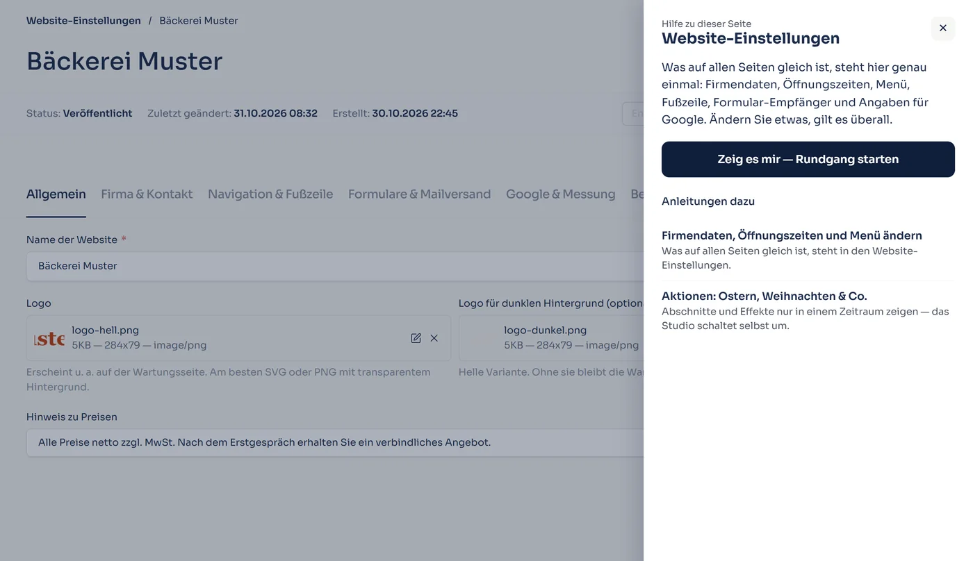 Live-Hilfe führt durch die Website-Einstellungen
