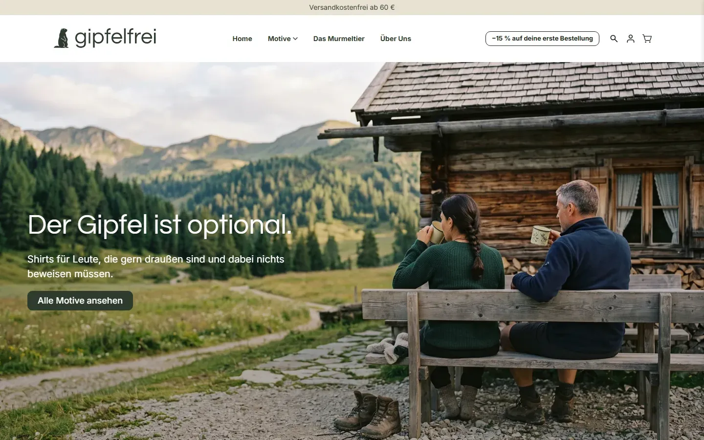 gipfelfrei: Startseite des Shops mit Berghütte